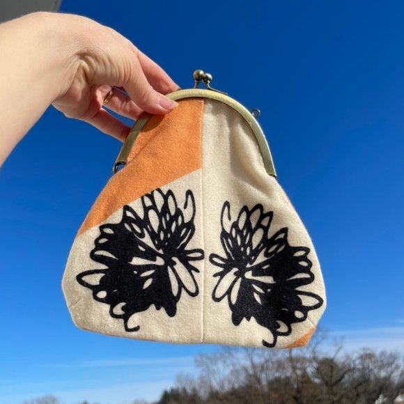 Vintage Handbags - Evening Bag Clutch Vintage Purse Ivory Wool Clasp Closure orange detail floral